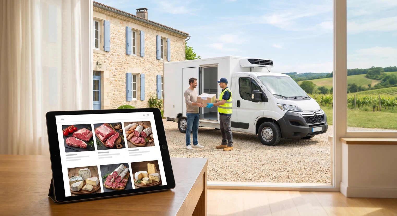 Scène intérieure montrant un écran de tablette ou ordinateur affichant une interface e-commerce de boucherie avec viandes de qualité, pièces de viande premium, images de charcuterie artisanale et informations de livraison. À côté, un camion frigorifique blanc moderne stationnant devant une maison avec un client recevant sa commande, illustrant la logistique réfrigérée en propre. Composition équilibrée mêlant l'aspect digital innovant et la réalité physique de la livraison locale artisanale.