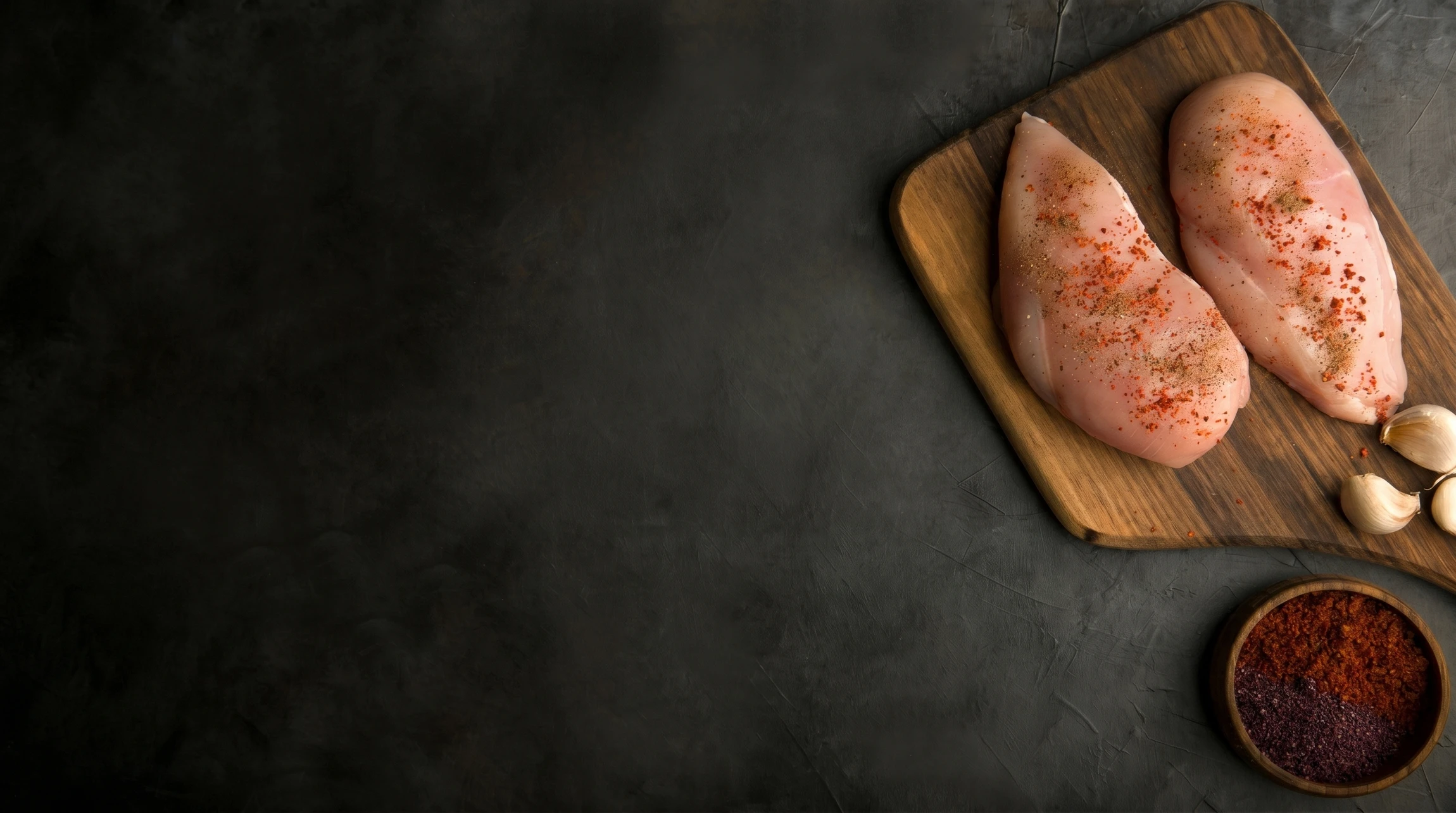 Scène intérieure avec planche à découper en bois présentant des tranches de bœuf grillé saignant, accompagnées de décorations de Noël et brins de romarin frais
