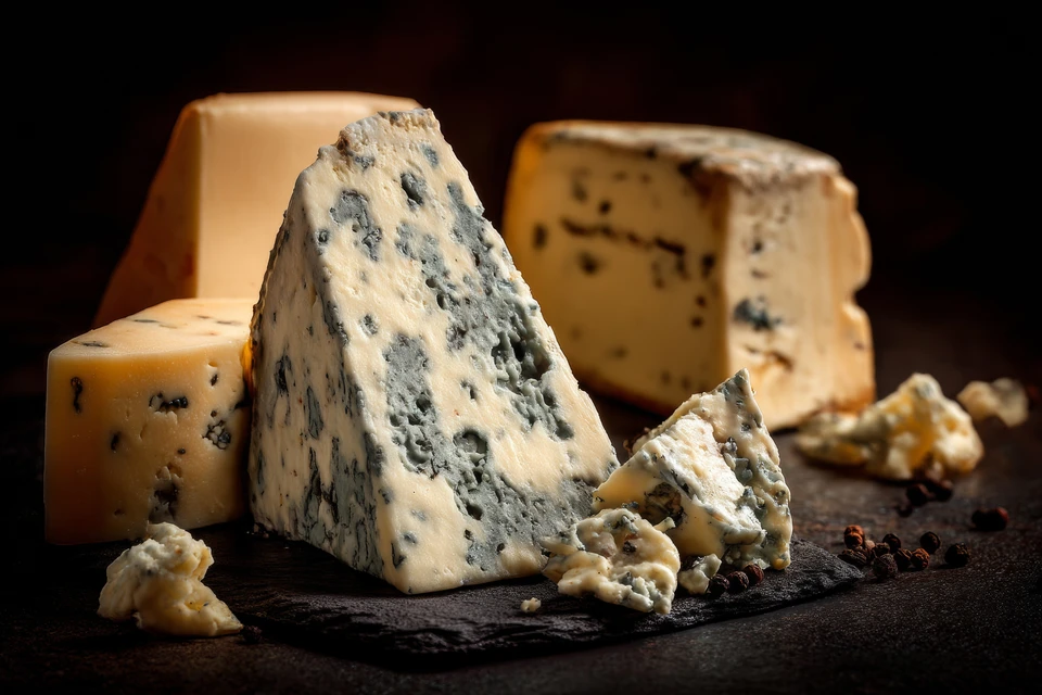 Plateau de fromages artisanaux disposé sur ardoise avec variétés affinées, fromage de chèvre enrobé d'herbes, pâtes molles à croûte fleurie