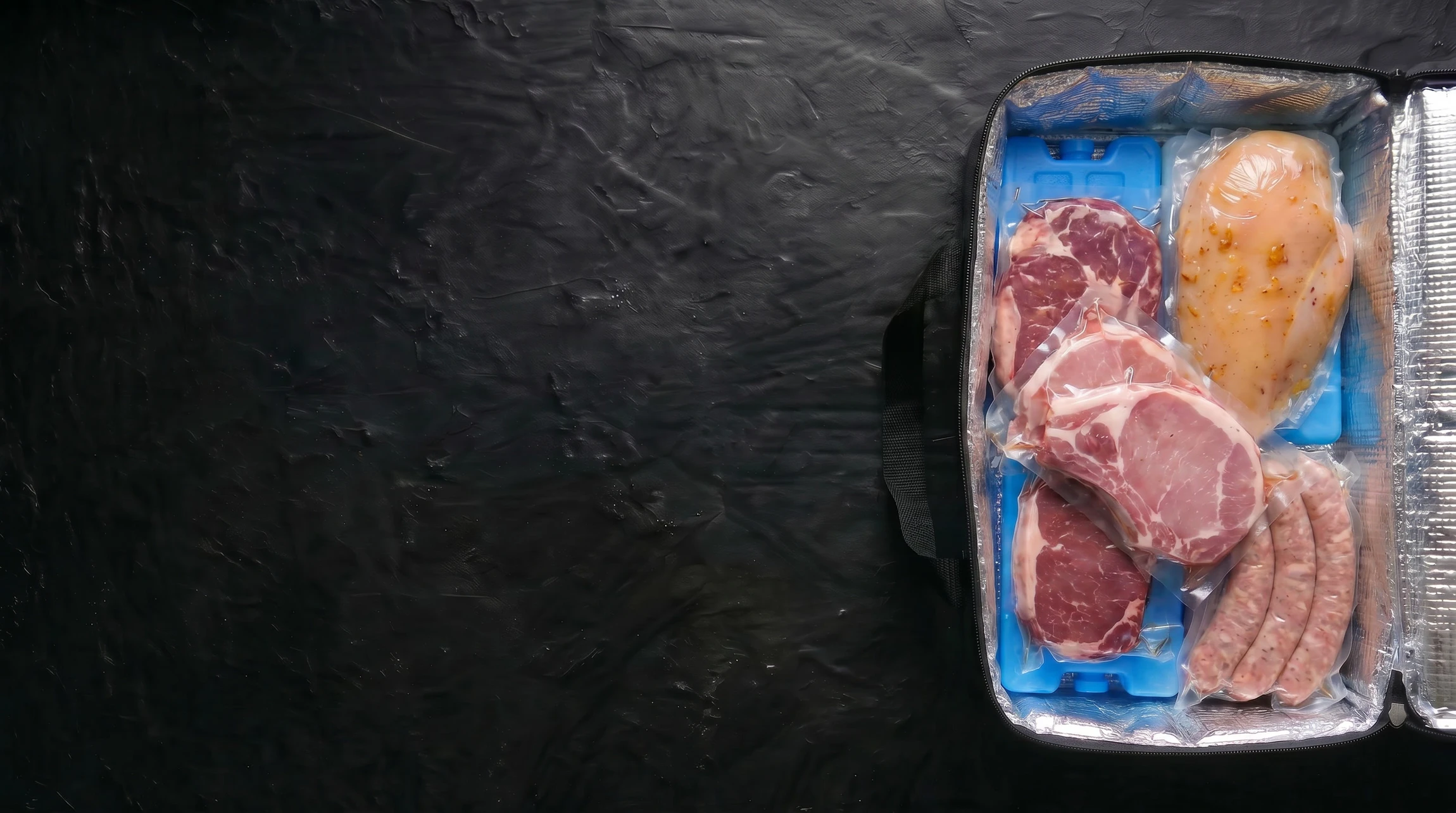 Main gauche tenant un emballage de viande rouge fraîche sortant du compartiment congélateur d'un réfrigérateur